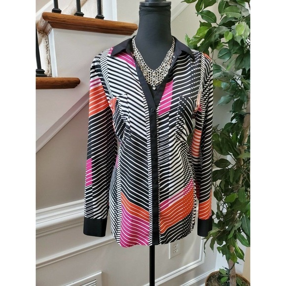 Attention Women's Multicolor 100% Polyester Long Sleeve Collared Top Shirt - Picture 1 of 15